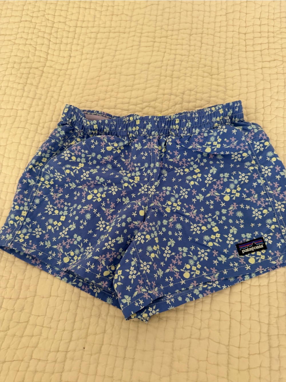 Patagonia Purple Floral Swim Shorts with Pastel Print